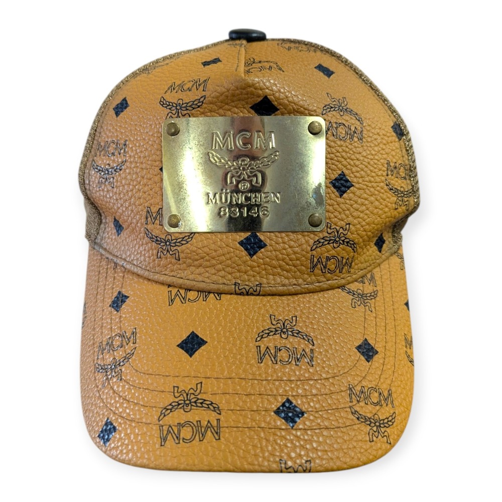 MCM Visetos Monogram Trucker Hat Cognac Brown Gold Logo Plaque Snapback Cap Mens